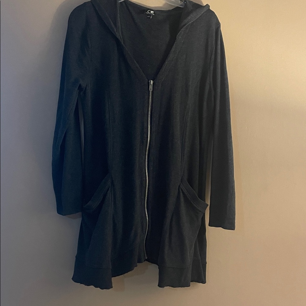 Charcoal gray Hooded Zip-Up Cardigan or lightweight knit jacket